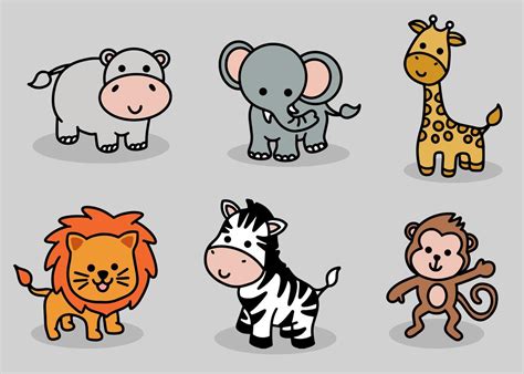 Cute Animal Set Hippo Elephant Giraffe Lion Zebra Monkey Line Art