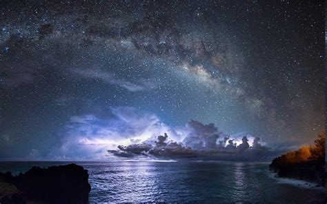 Long Exposure Galaxy Milky Way Comet Coast Fence Bay Landscape