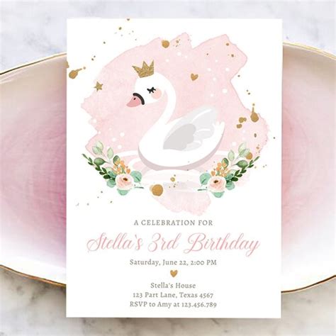 Editable Swan Birthday Invitation Swan Princess Birthday Etsy