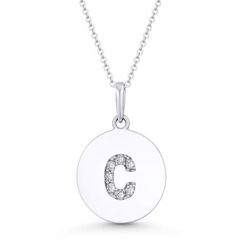 Initial Letter C Cubic Zirconia Crystal Round Disc Pendant In Solid