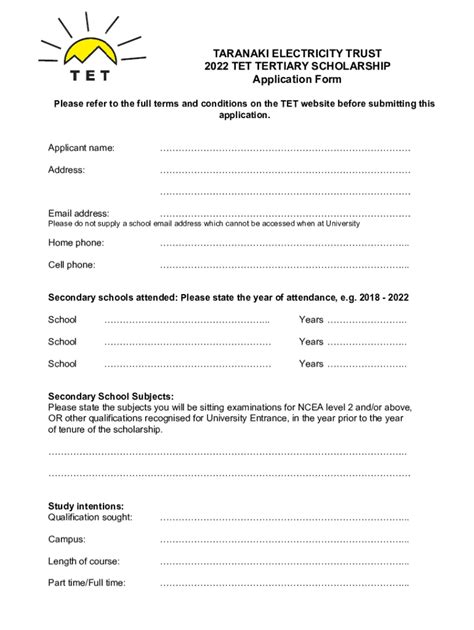 Fillable Online Tet Tertiary Scholarship Application Form Fax