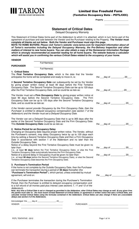 Tarion Tentative Form Fill Out Printable Pdf Forms Online