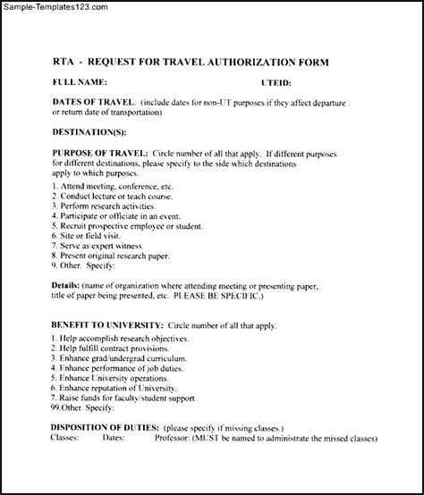 Rta Travel Authorization Form Sample Templates Sample Templates