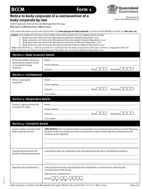 Fillable Online Bccm Form Notice To Body Corporate Of A Contravention