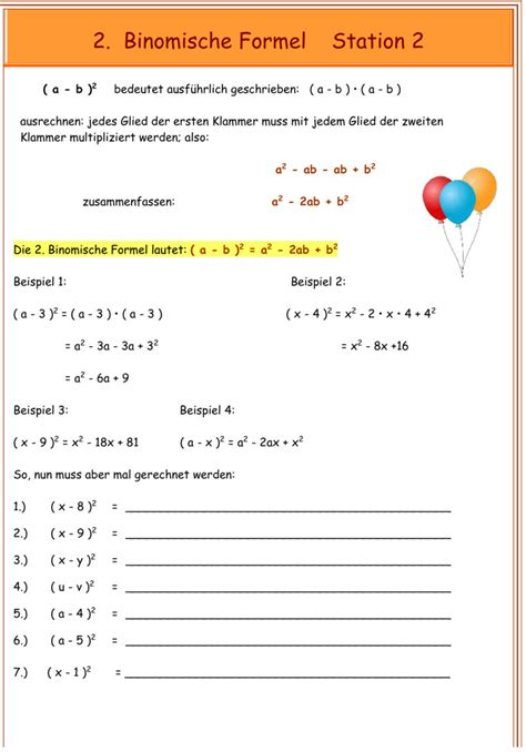 Bungsblatt Zu Binomische Formeln