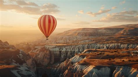 Serene Hot Air Balloon Flight Over Picturesque Canyon At Sunrise Clear Sky Adventure Concept