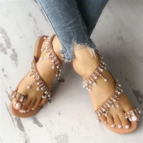 Pearls Sandals Bohemian Style Sandals Pearl Shoes Womens Sandals Flat