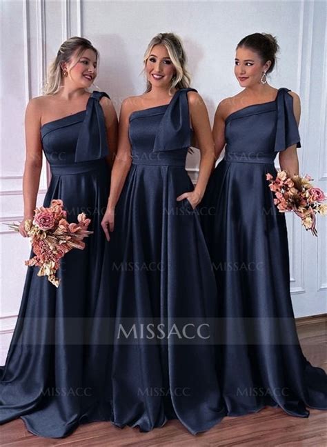 One Shoulder A Line Satin Bridesmaid Dresses With Pockets Modest