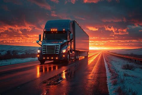 American Truck Speeding On Highway At Sunset Premium Ai Generated Image