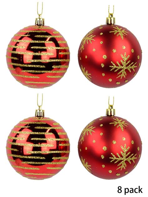 Red Baubles With Gold Glitter Stripes And Snowflake Print 8 X 80mm