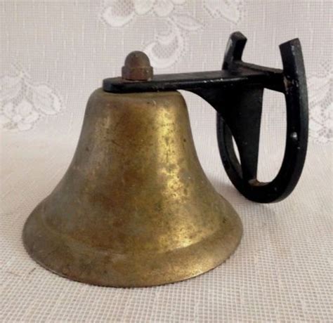 Vintage Brass Cow Bell Dinner Bell Horseshoe Wall Mount Rustic Patina