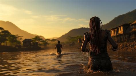 Silueta de espalda mujer bañándose en el río al atardecer en áfrica