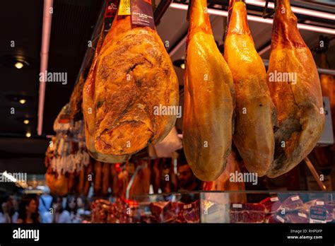 Jamon Ham Hanging On A Shop In La Boqueria The Famous Food Market