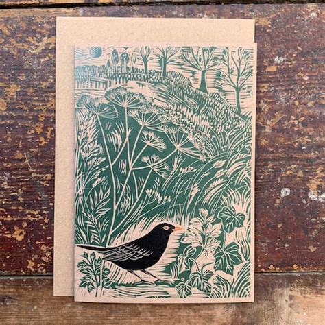 Linocut Print Blackbird Greeting Card Bird Birthday Etsy Uk