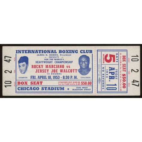 Unused 1953 Rocky Marciano vs. Jersey Joe Walcott Boxing Match Ticket ...