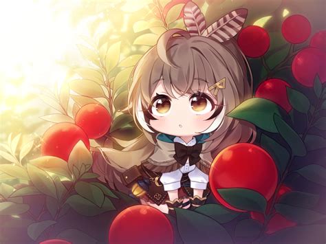 Blush Bow Brown Eyes Brown Hair Cape Chibi Feathers Food Fruit Garter