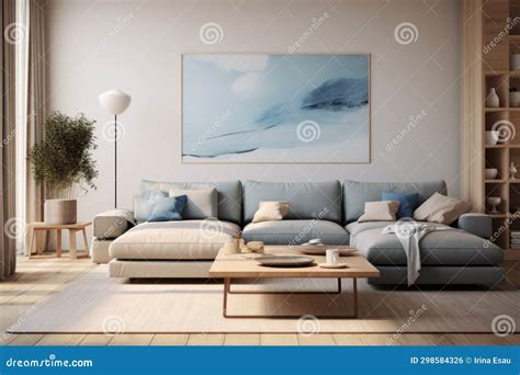 A Modern Living Room Corner with a Blue Sofa and an Abstract Painting ...