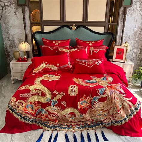 Luxury Red Gold Dragon Egyptian Cotton Embroidery Wedding 9pcs Bedding