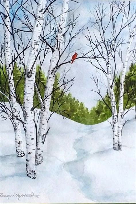 Winter Birches With Cardinal Matted Watercolor Print Etsy Birch Tree Art Birches Painting