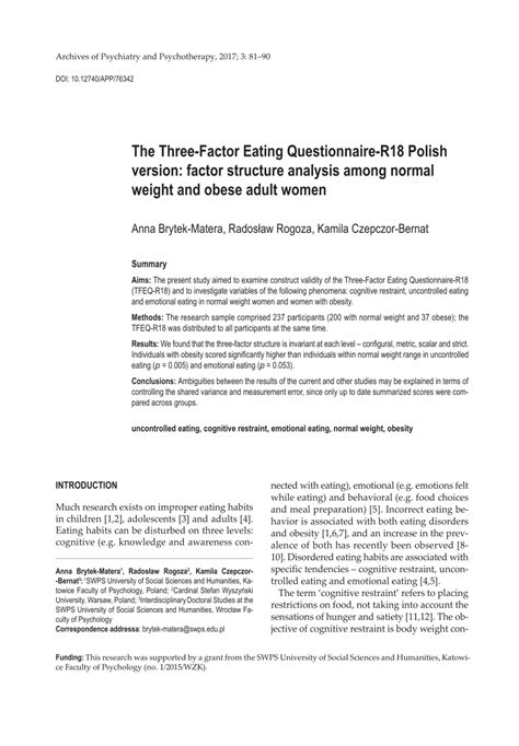 Pdf The Three Factor Eating Questionnaire R Polish Version Factor