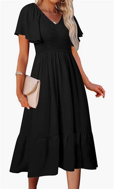 Merokeety Womens Summer Casual V Neck Ruffle Sleeve Smocked High Waist Midi Dress With Pockets