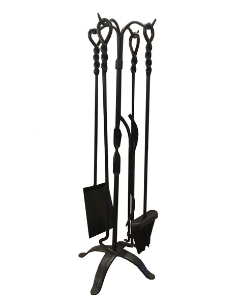 5 Piece Fireplace Tool Set With Black Wrought Iron Twist Handles