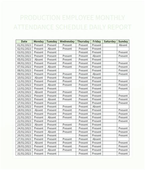 Production Employee Monthly Attendance Schedule Daily Report Excel