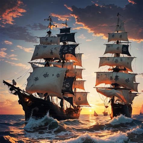 Navios piratas zarpando o pôr do sol Foto Premium