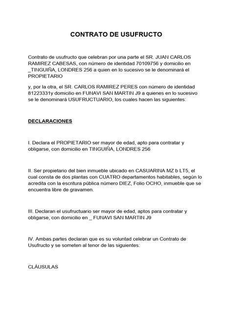 Contrato De Usufructo Pdf Propiedad Ley Común