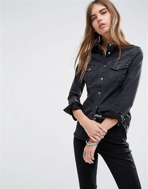 Asos Denim Fitted Western Shirt In Washed Black Black Mode Online Chemises Western Black