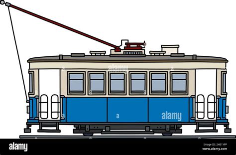 El dibujo de mano vectorizado de un clásico tranvía azul y blanco