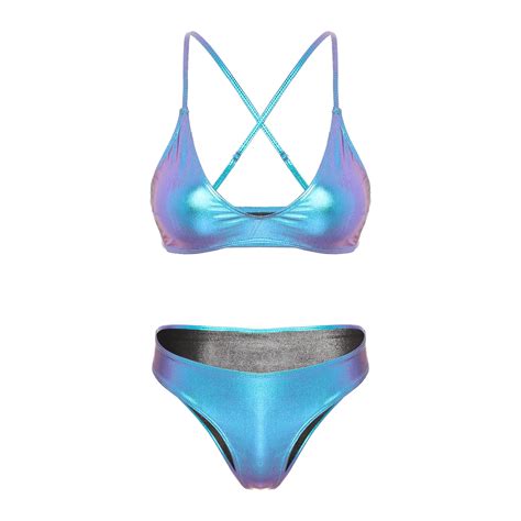 YONGHS Women S Metallic Bikini Set Shiny Bathing Suit Two Pieces