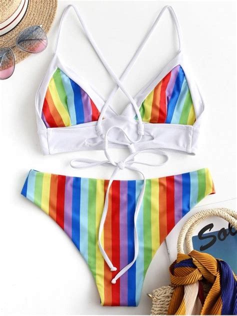 Zaful Colorful Striped Criss Cross Bikini Set Multi D M Criss Cross