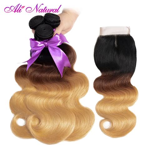 Ali Natural 1B 4 27 Ombre Body Wave Bundles With Closure Brazilian Hair