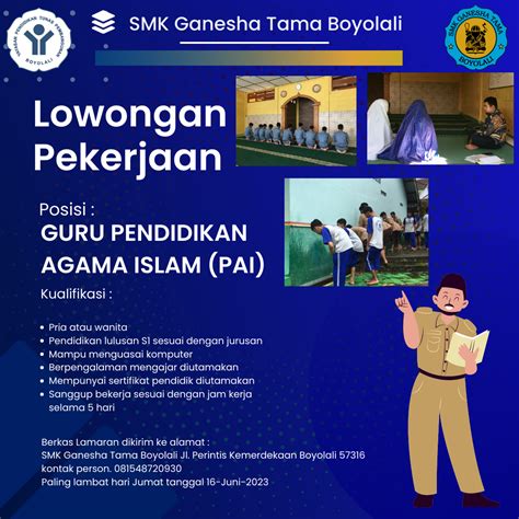 LOWONGAN PEKERJAAN GURU PENDIDIKAN AGAMA ISLAM PAI SMK GANESHA TAMA