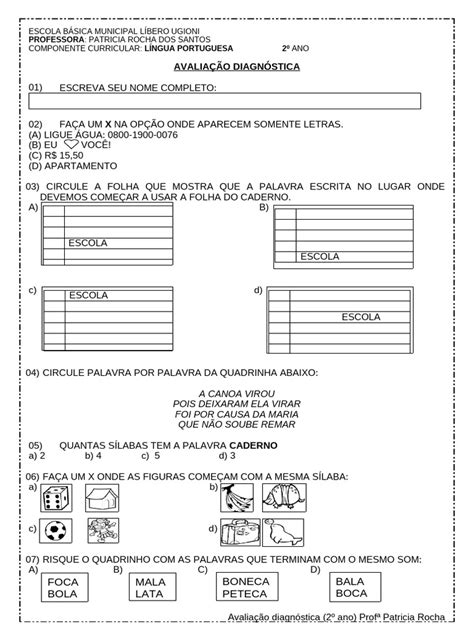 Avaliação Diagnostica 2 Ano Portugues - Avaliação Diagnóstica 2º Ano Português | PDF