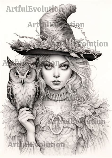 Beautiful Witch Grayscale Coloring Pages For Adults Halloween Etsy