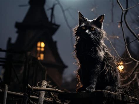 Premium Ai Image Eerie Vibes A Black Cat Sitting Against A Haunted House