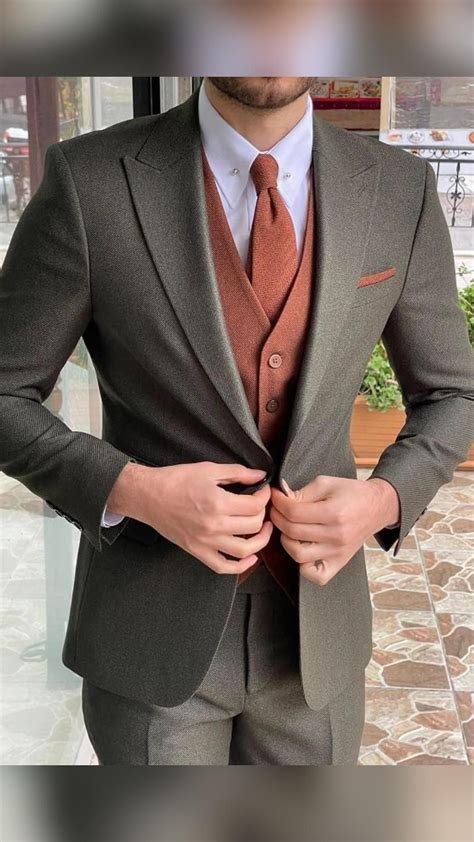 Men Suits 3 Piece Sage Green Tweed Suits Men Slim Fit Suits One Button