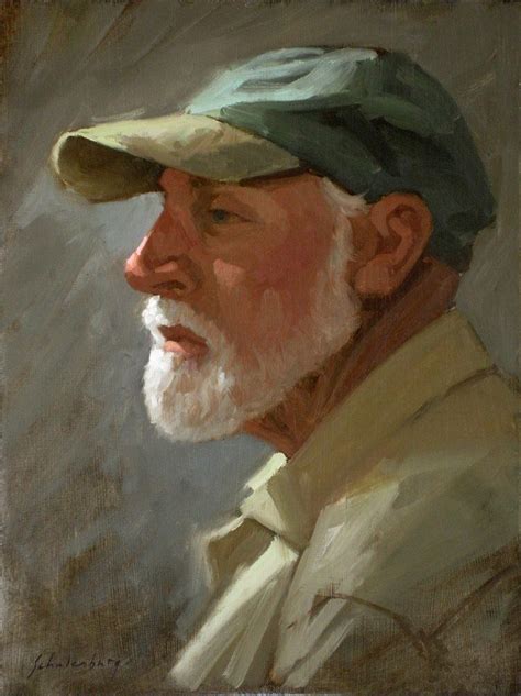 An Oil Painting Of A Man Wearing A Green Hat And Tan Shirt With White Beard