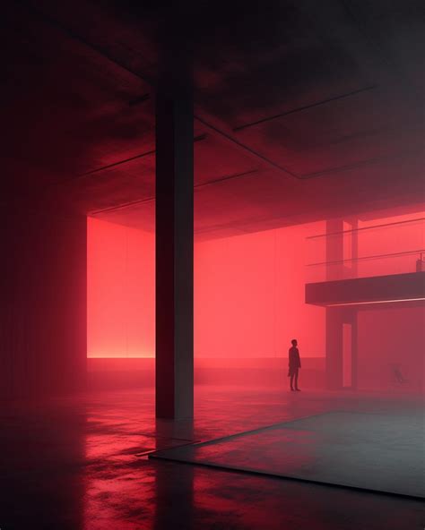 Brutalist and Minimalist Home Interior with Red Lighting