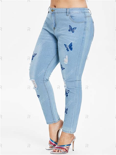 Plus Size Butterfly Embroidered Ripped Jeans Embroidered Denim Pants