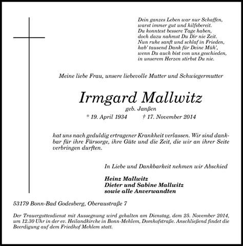 Traueranzeigen Von Irmgard Mallwitz GA Trauer De