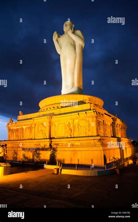 Low Angle View Of Statue Of Lord Buddha Hussain Sagar Lake Hyderabad