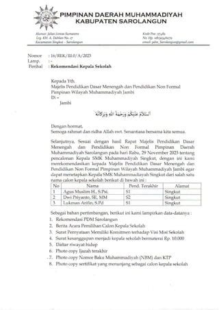 REKOMENDASI PDM SAROLANGUN CALON KEPSEK SMK MUHAMMADIYAH PDF