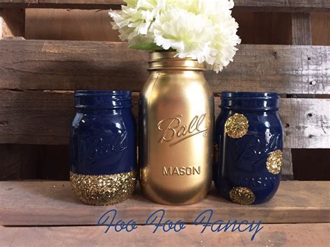 Set Of 3 Navy Blue And Gold Mason Jar Centerpieces Blue And Etsy