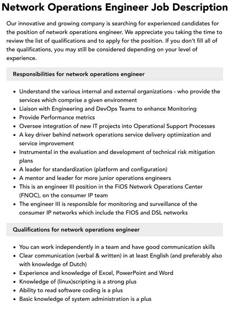 Network Operations Engineer Job Description | Velvet Jobs