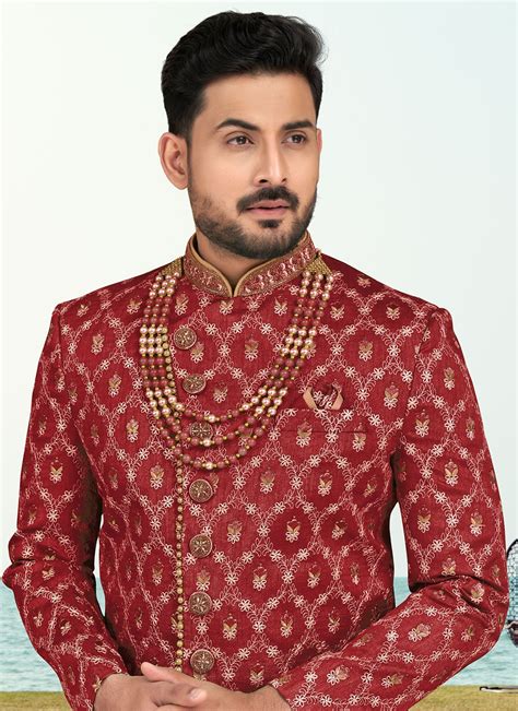 Buy Maroon Banarasi Silk Reception Sherwani Online