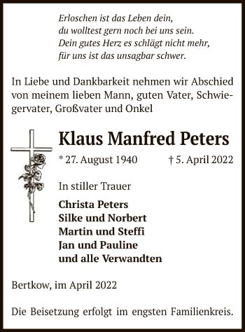 Traueranzeigen Von Klaus Manfred Peters AZ Trauer De