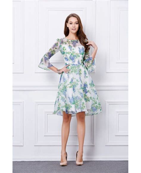 Summer Floral Printe A Line Chiffon Knee Length Wedding Guest Dress